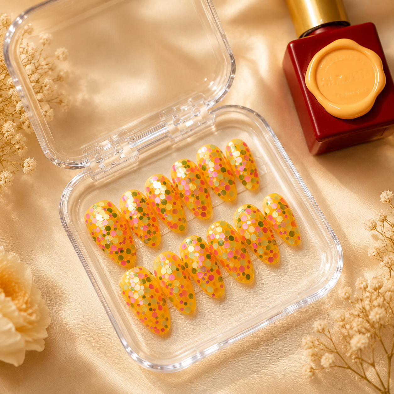 Yellow Glitter Confetti Nails
