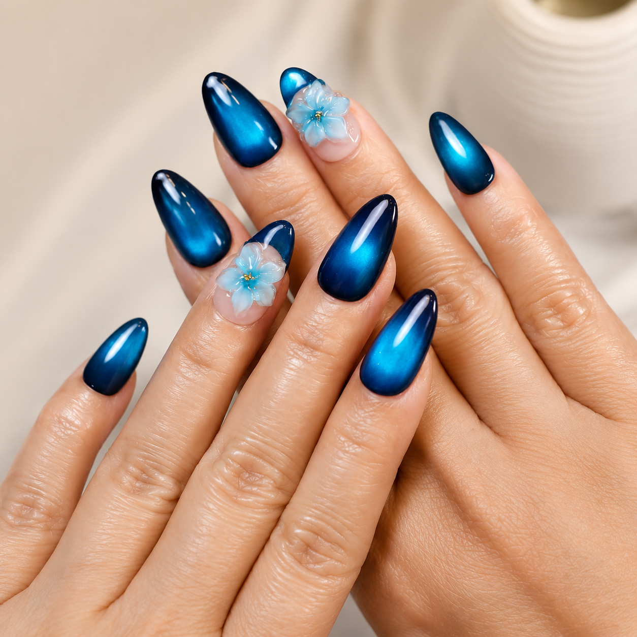 Blue Cat-Eye Nails