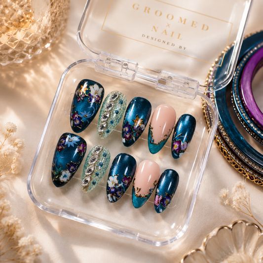 Teal Oriental Floral Nails
